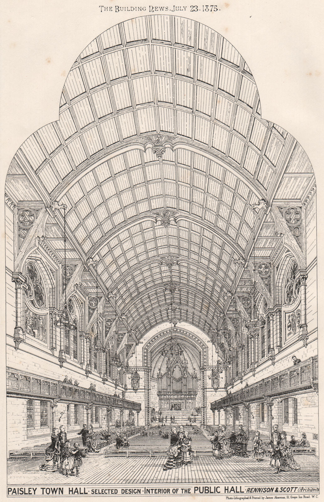 Paisley Town Hall. Public Hall; Rennison & Scott Architects. Scotland 1875